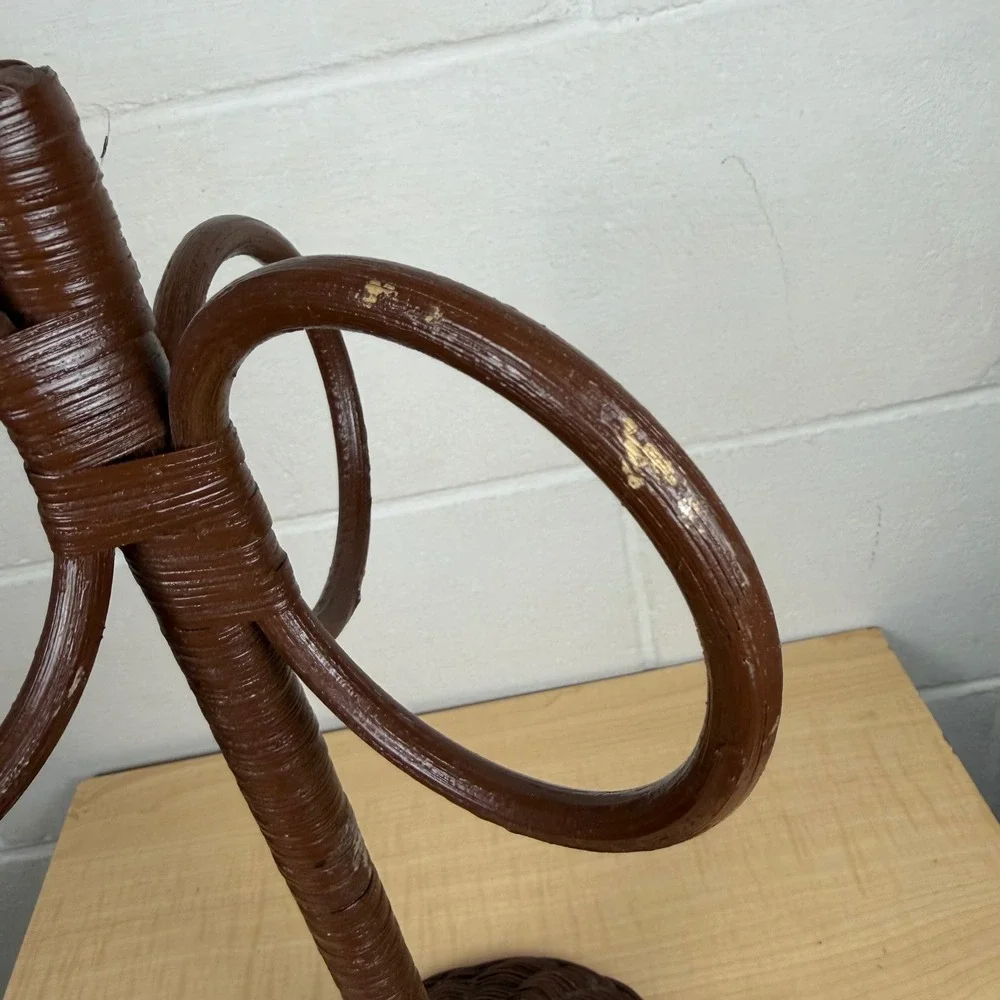 Vtg Wicker Rattan 3-Ring Towel Holder Stand Boho Bathroom Decor Countertop MCM